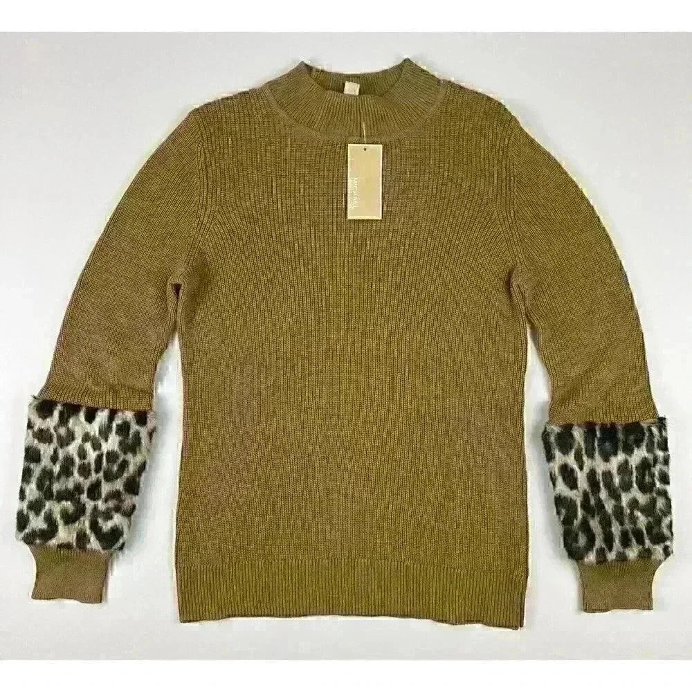 NEW! MICHAEL Michael Kors Women's L Faux Fur Cuff Sweater In Dark Camel NWT $150